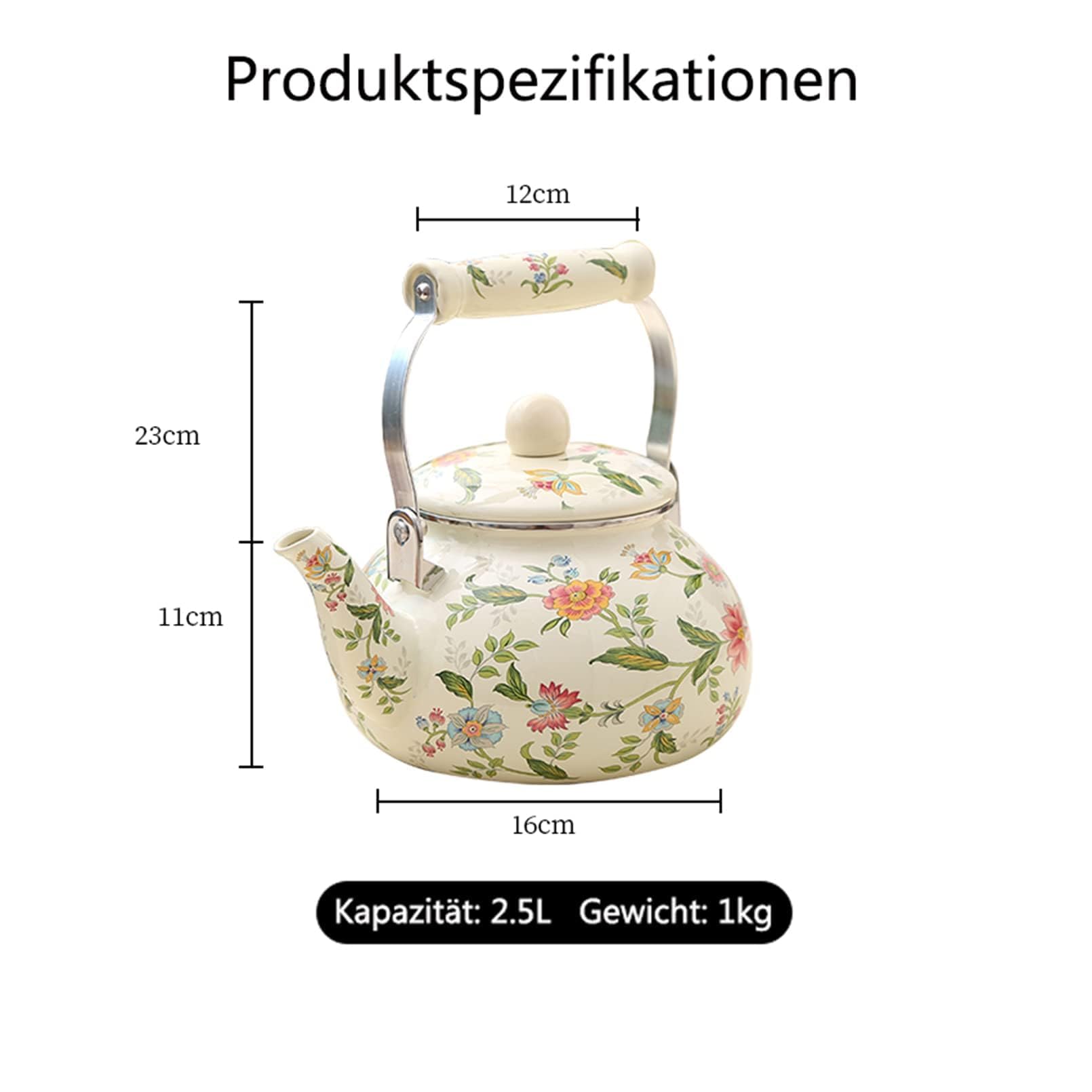 Teekessel Emaille Geschirr Kaffeekanne 2.4L Camping Wasserkessel für Induktion und Gasherd, Topf Griff aus Keramik