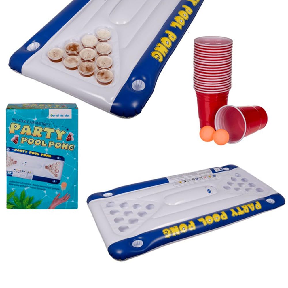 POOL PONG GAME: Zestaw nadmuchiwanego ponga do basenu, stołu i akcesoriów, 20 plastikowych kubków i 2 piłek do ping ponga wodnego, nadmuchiwany materac, impreza przy basenie, zabawa na lato i na