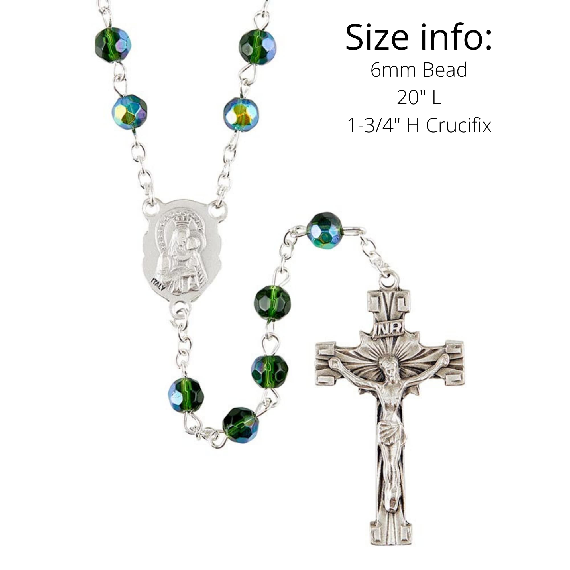 Christian Brands Rosario católico con cuentas de cristal verde profundo, collar de oración con centro de mesa de corazón sagrado en tono plateado, 50,8 cm, Vidrio