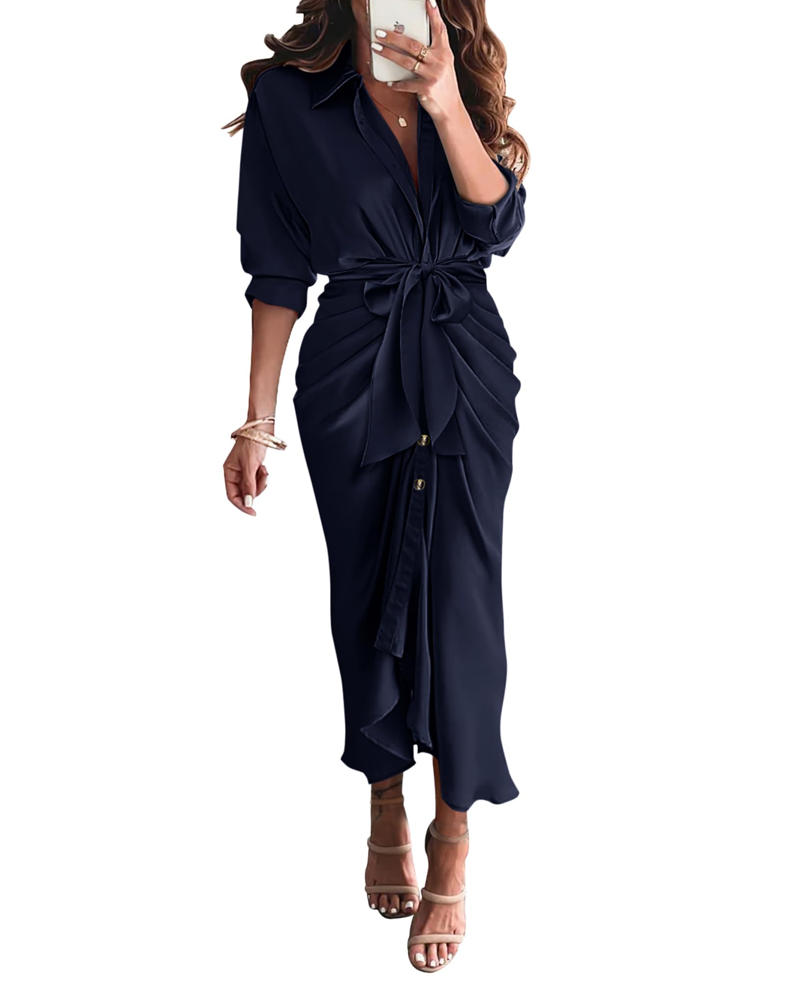 BTFBMMaxi Dresses for Women Fall 2025 Long Sleeve Lapel Neck Button Down Elegant Satin Belted Ruched Summer Shirt Dress