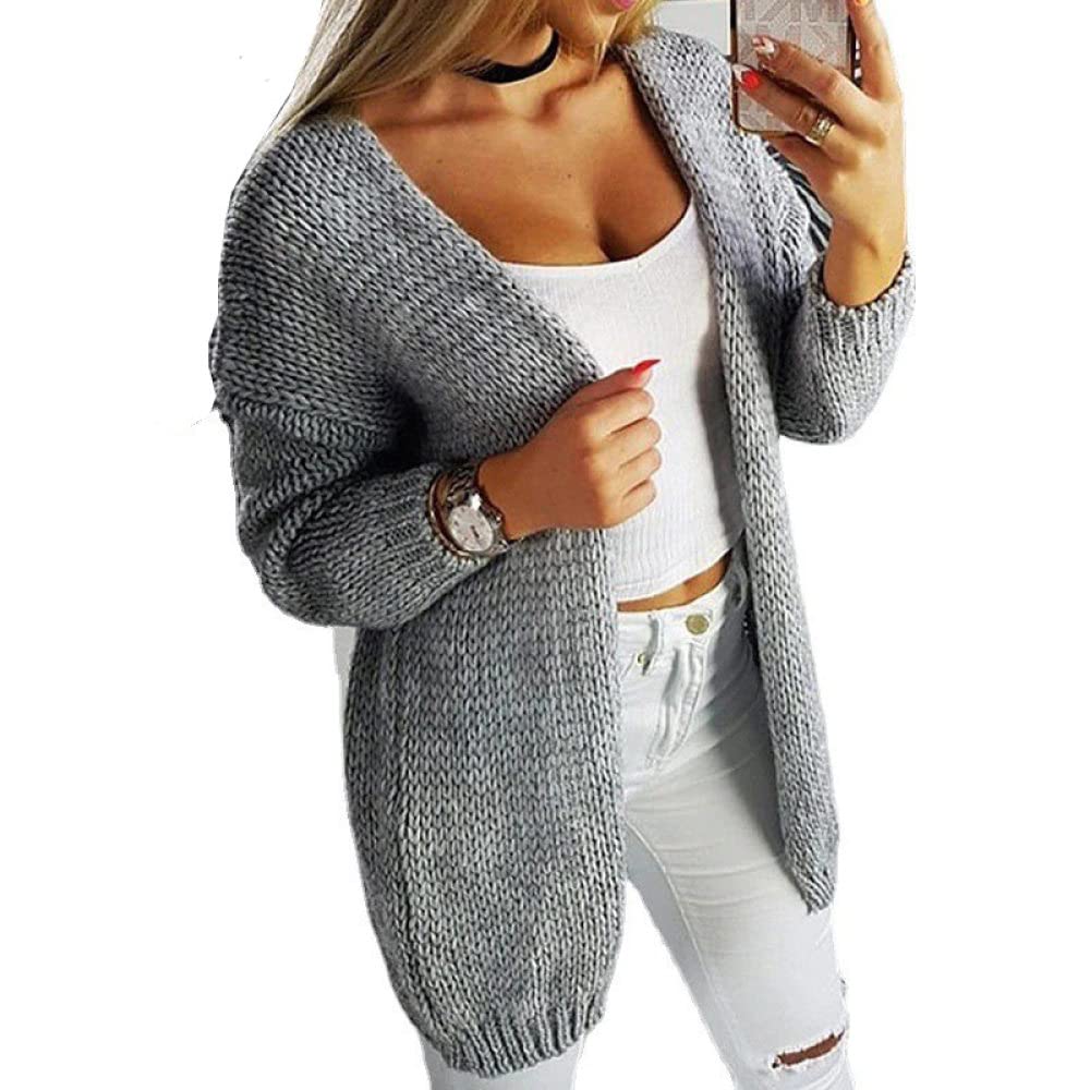 Womens Oversized Vest Wafel Grof Gebreide Lantaarn Mouw Open Voorkant