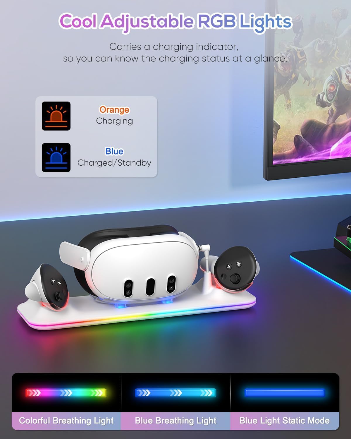 Charging Dock for Meta Quest 3S/Quest 3, YUANHOT Fast Charging Station with Color RGB Light for Oculus Quest 3S/3 Accessories, Magnetic Charger Stand for Headset/Controller with 2 Rechargeable Battery - Image 4