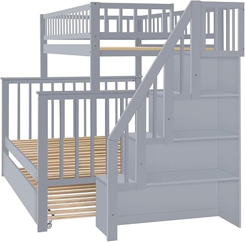 Miniatura 183 de Merax Litera de escalera individual sobre matrimonial con nido, escalera de almacenamiento y barandilla de longitud completa, litera de