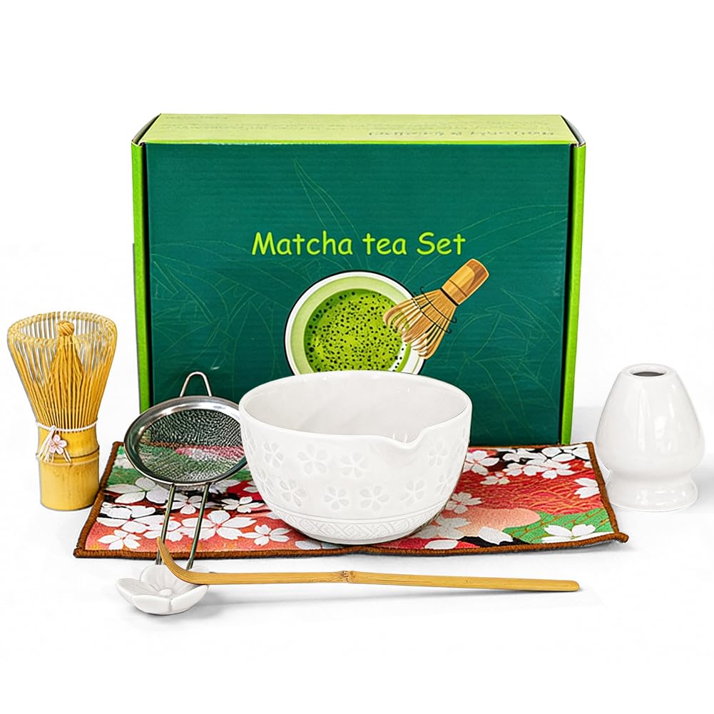 7 Stück Matcha Set, Matcha Besen Set, Matcha Besen und Besenhalter, Matcha Schale mit Auslauf, Sieb, Löffel und Halter, Japanisches Matcha Tee Set für Matcha-Liebhaber (Weiß)