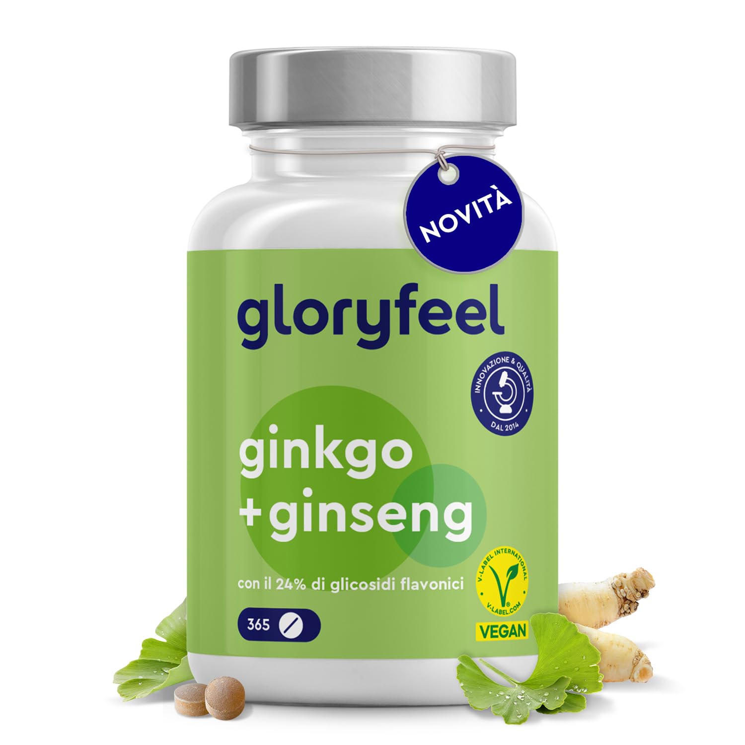Ginkgo + Ginseng 365 Compresse - 24% Glicosidi Flavonici - Estratto di Panax Ginseng e Ginkgo Biloba (50:1) ad Alto Dosaggio - Scorta di 1 Anno - Testato in Laboratorio, Vegan e Senza Additivi