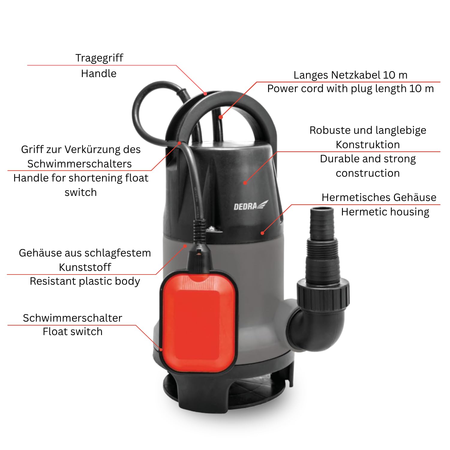 Pompa sommersa per acqua pulita e sporca Garden DEDRA DED8843 forte 900 W, turbina per 14500 giri/min, peso 5,4 kg, 10 cavi IPX8, profondità massima di immersione: 7 m