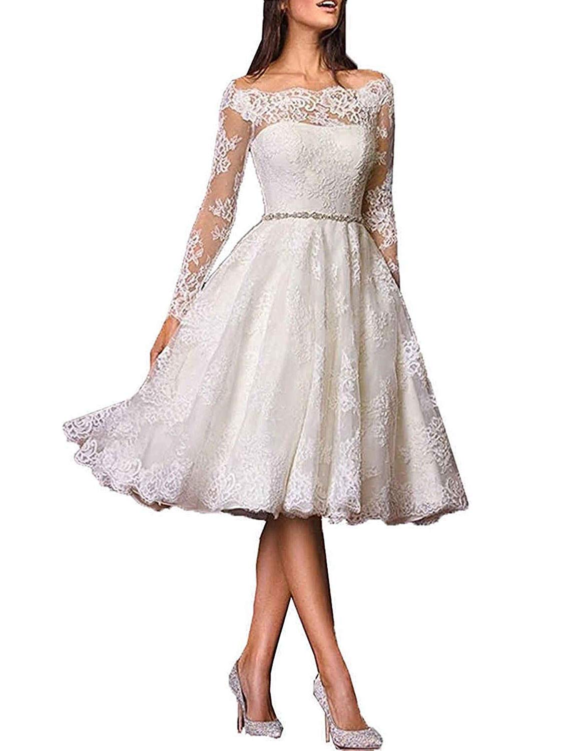 JAEDEN Femme Robe de mariée Court Robe de Mariage Manche Longue Dentelle Robe Nuptiale avec Ceinture