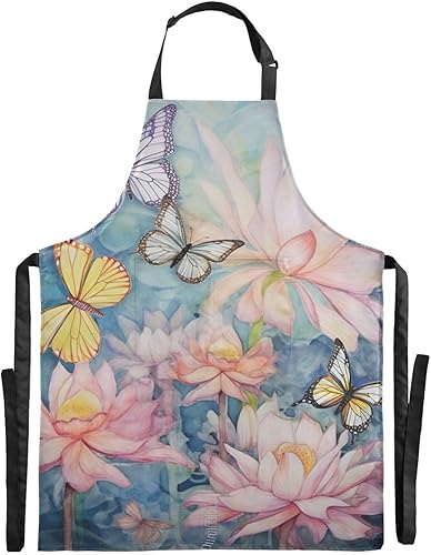 Jihqo Adjustable Bib Apron Butterfly Lotus Painting Cooking Kitchen Aprons with Pockets, Chef Aprons for Men Women BBQ Baking