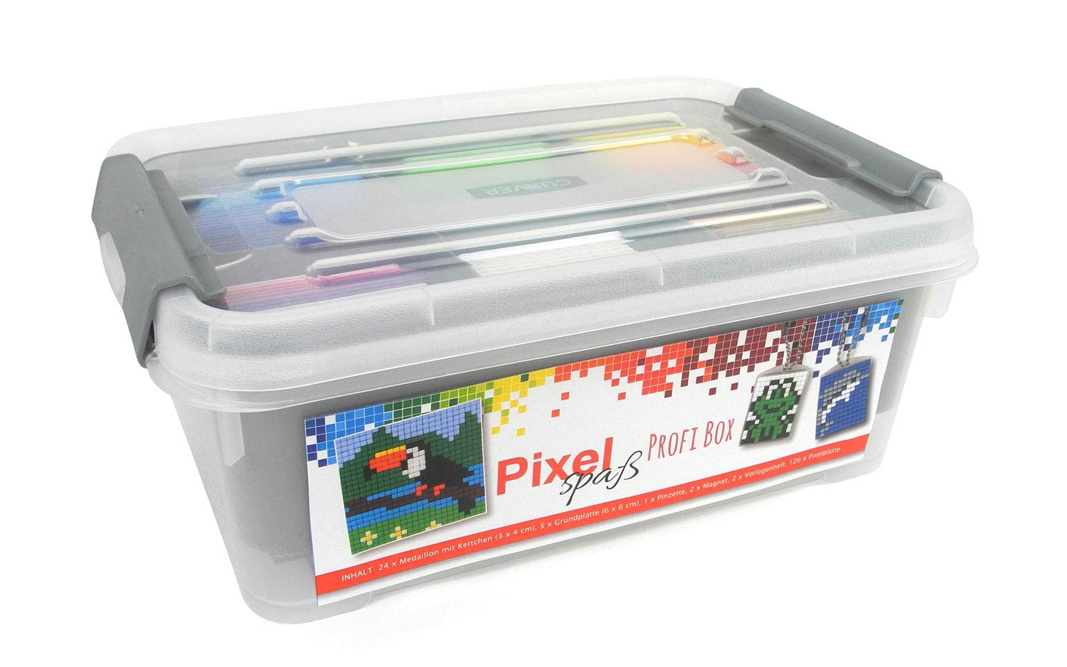 Pixel P60002-29501 Profi Box, Bastelset mit 126 Pixelplatten, 24 Medaillons mit Kette, 5 Grundplatten, 2 Magneten, 1 Pinzette sowie 2 Hefte mit Vorlagen, kinderleichtes Stecksystem