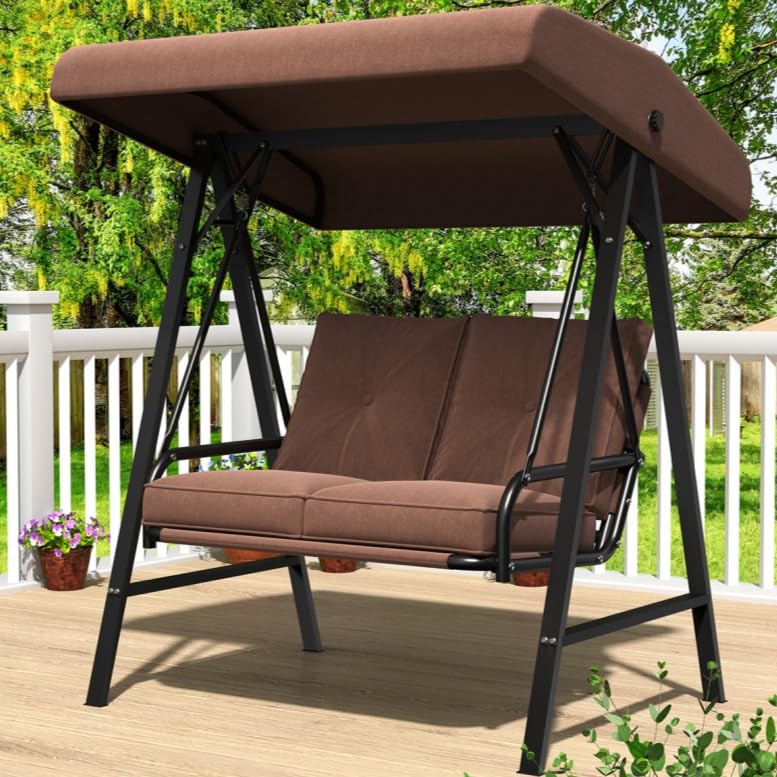 AECOJOY Outdoor Patio Swing Chair for Adults, 2-Seat Porch Swings with Adjustable Canopy, Outside Swing Bench with Removable Cushion, Suitable for Backyard, Garden, Yard, Poolside, Balcony