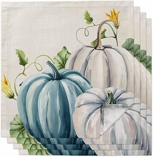 Thanksgiving Pumpkin Cloth Napkins Set of 4,Fall White Blue Plant Washable Soft Dinner Napkins Autumn Leaf Plant on Linen Reuseable Table Napkin for Wedding Parties Holiday Events