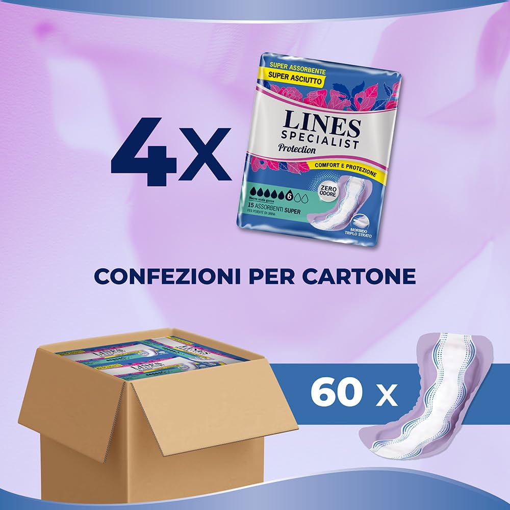 Lines Specialist Protection Super, Assorbenti per Incontinenza, Cartone da 60 Pezzi