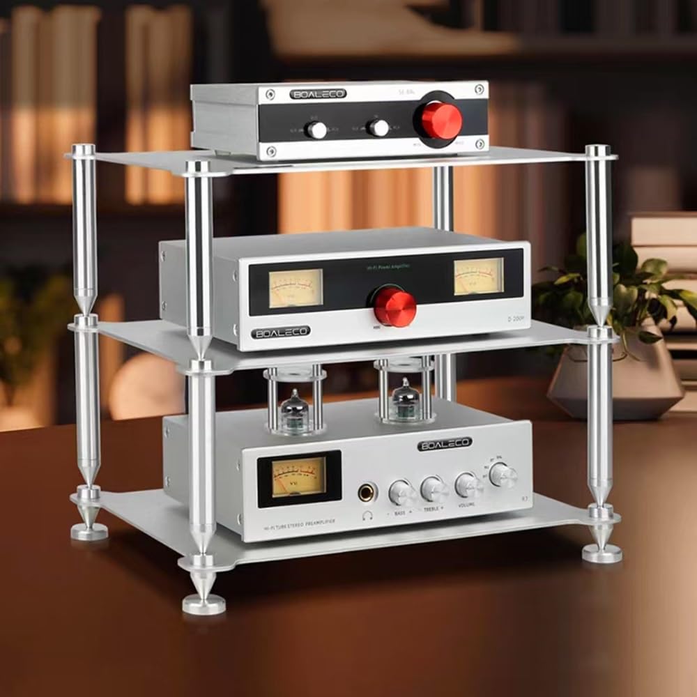 3-poziomowy metalowy stojak na audio HiFi, kompaktowy stojak na nośniki AV i organizer na komponenty stereo, przechowywanie płyt CD i płyt, oszczędność miejsca, szafka do kina domowego