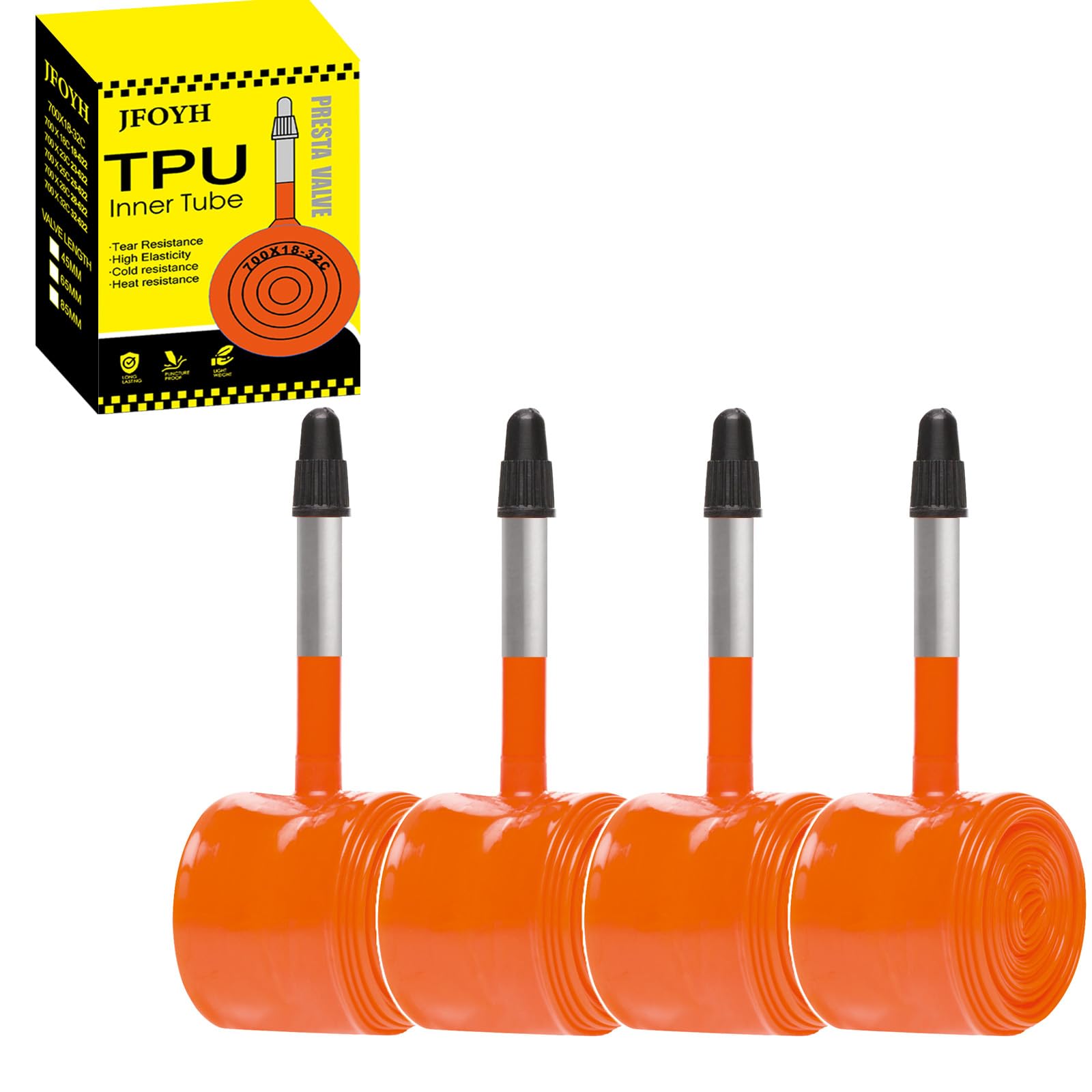 JFOYH 2/4 Pack TPU Road Bike Inner Tube 700C x 18–32, 2-Pack Ultralight Bicycle Tube with 45mm / 65mm / 85mm Presta Valve, Compatible with Road & Gravel Bikes — image 1