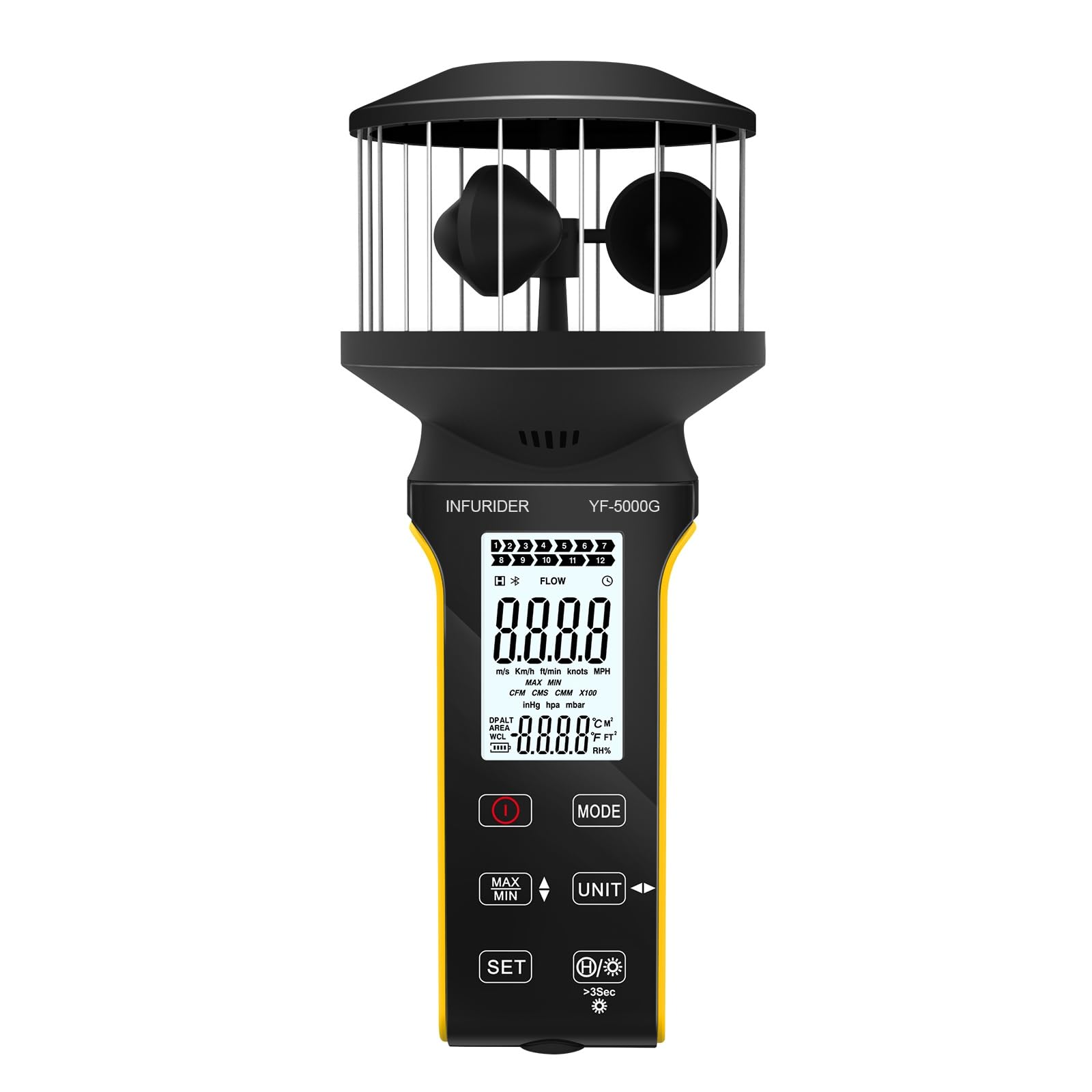 Digital Cup Anemometer, Handheld Wind Speed Meter with Anti-dust Touch Button, Rechargeable Wind Gauge CFM Meter, Waterproof, LCD Backlight, Wind Tester for Wind Volume, Chill, Temp