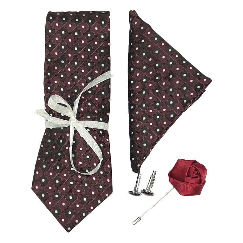 rare combee group Premium Silk Necktie for Men with Matching Cufflinks and Pocket Square & Rose pin - Maroon color, Black & white Design-picture-18