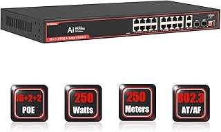 ienRon 20 Ports PoE Ethernet Switch with 2 Gigabit Uplink Ports+2 SFP Slot Gigabit ,Unmanaged Network Switch,10/100Mbps Ethernet Splitter |Fanless Metal Design |Plug & Play