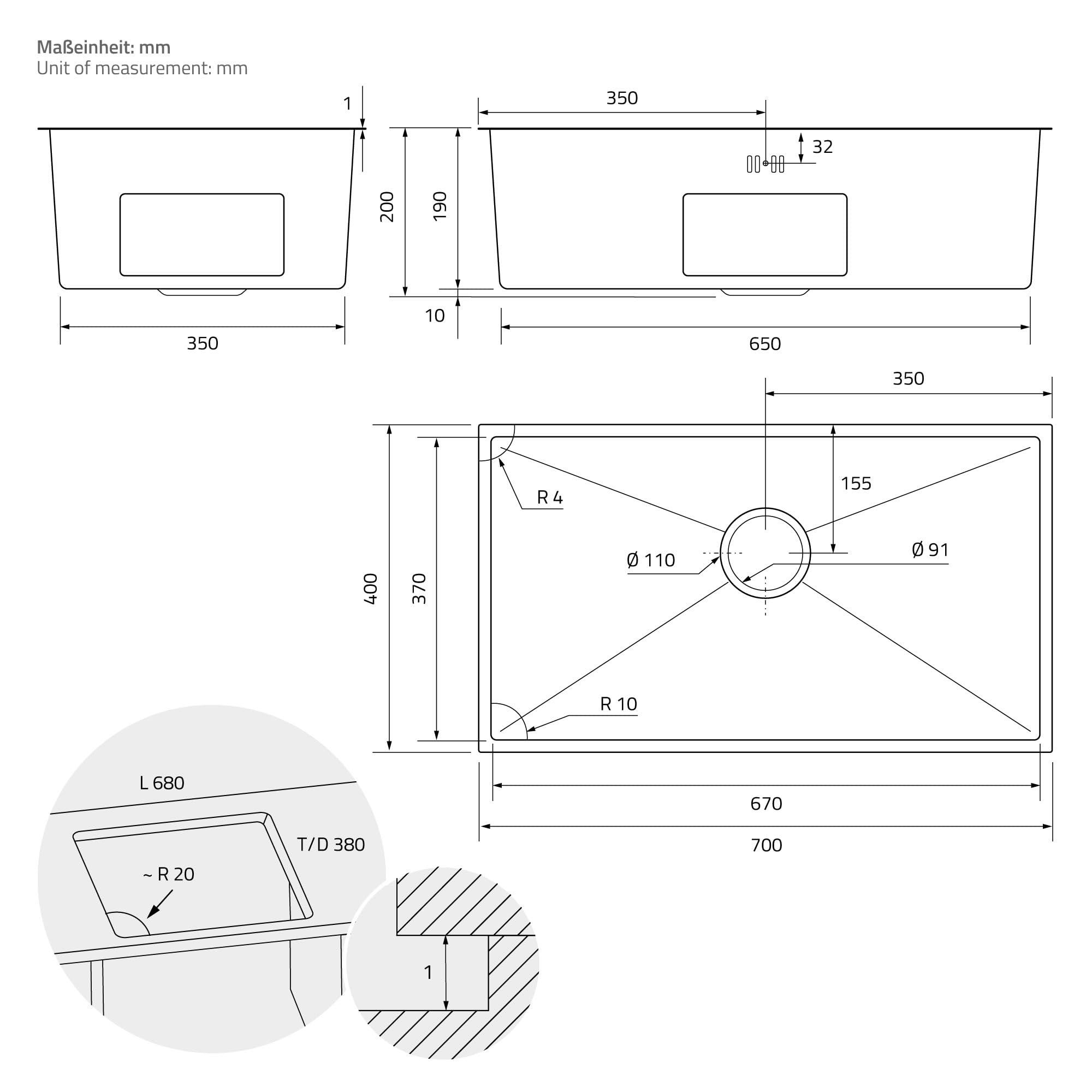 ML-Design Fregadero XXL de Cocina de un Seno 70x40 cm Antracita Lavabo Angular Sobre Encimera o Enrasado con Juego de Desagüe y Rebosadero Cubeta de Acero Inoxidable Anti-condensación
