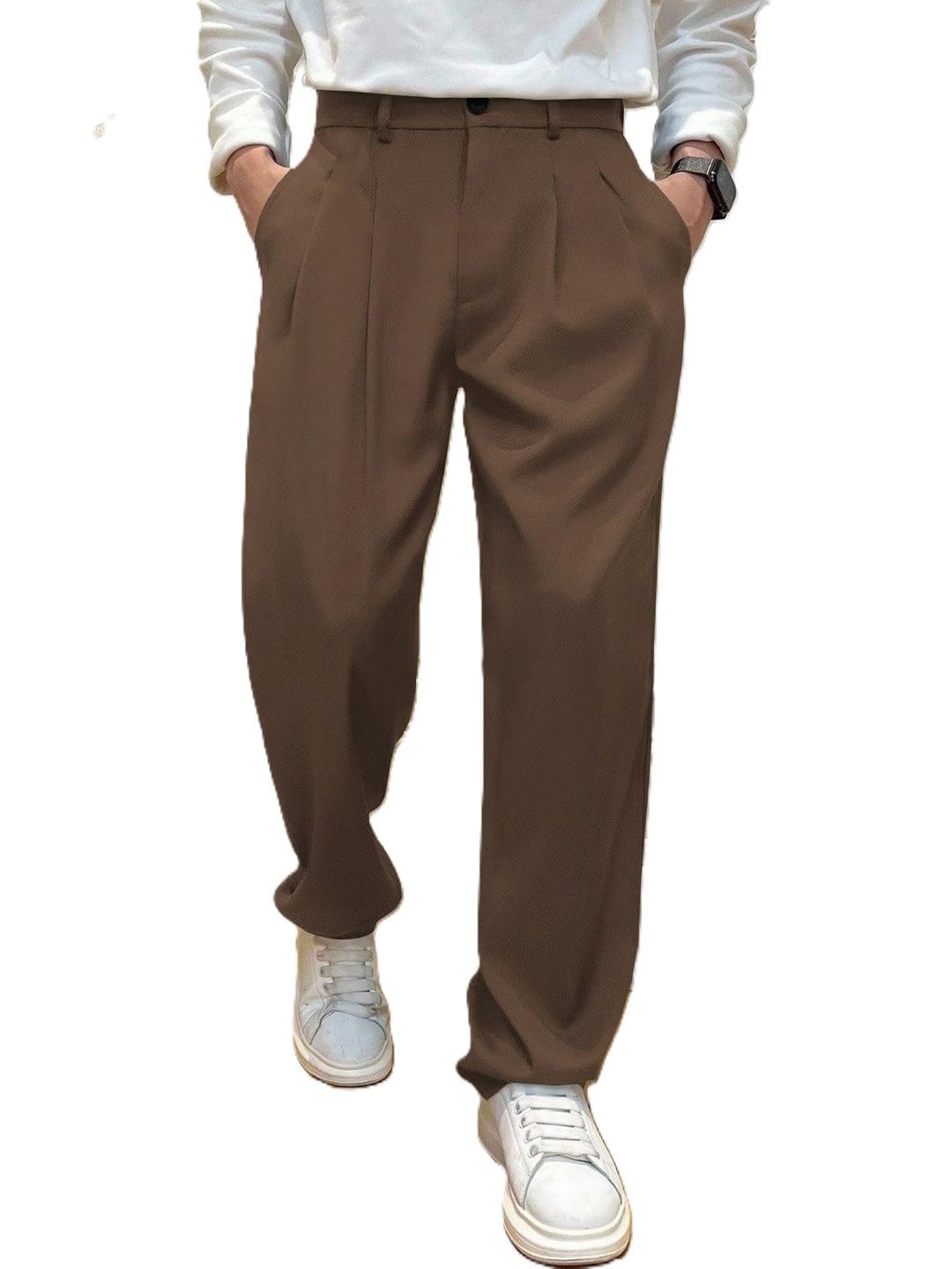 s2s fashion Men’s Relaxed Straight Leg Loose Fit Pleated Trousers | Mid-Rise Formal Pants with Zip Fly & Button Closure | Solid Regular Length Office Wear Trousers-picture-42
