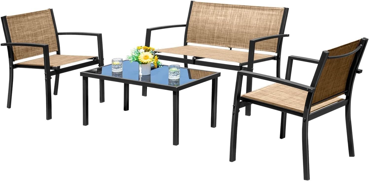 4 Pieces Patio Furniture Set Outdoor Garden Patio Conversation Sets Poolside Lawn Chairs with Glass Coffee Table for Backyard Porch Balcony Deck(Yellow)