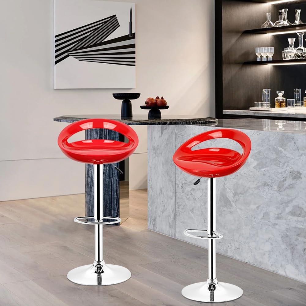 Juego de 2 taburetes de bar, asiento de plástico ABS, silla alta con soporte lumbar y reposapiés, taburete de cocina con altura ajustable 81-101 cm, asiento 43 × 43 × 26 cm (rojo)