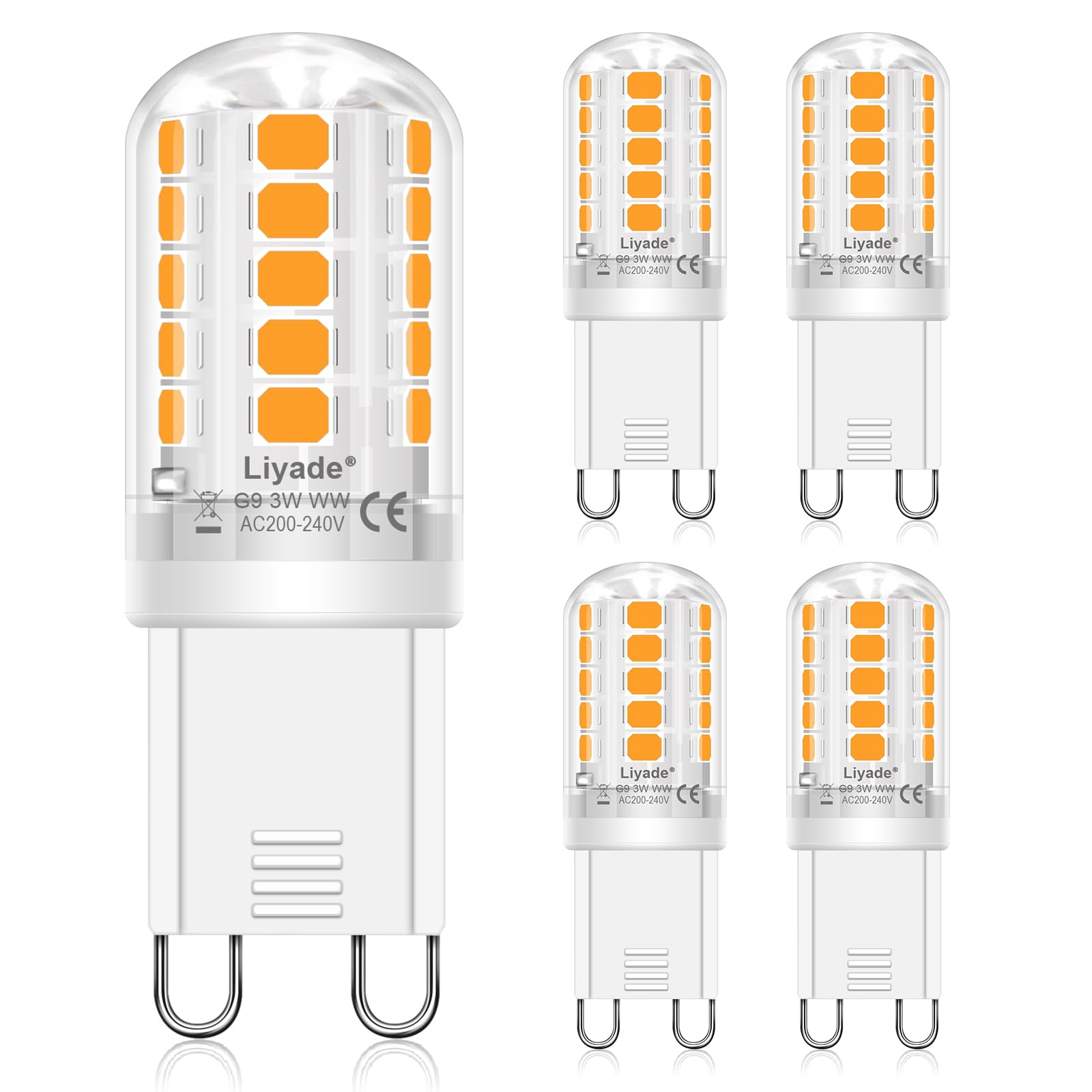 Liyade G9 LED Lampe Warmweiß 2700K, LED Leuchtmittel 3W entspricht 30W-40W Halogenlampe, Energiesparende G9 Glühbirne kein Flackern, kein Geräusch, nicht dimmbar, 5er Set