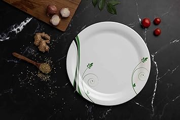 Lightweight Melamine Round Full Size (11 Inch) Dinner/Lunch Plates (6, White-Green) (Greater Than 10