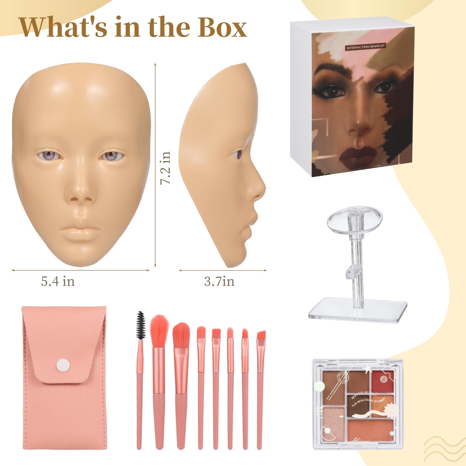 Kit visage de pratique maquillage, visage mannequin en silicone avec support, palette fards à paupières 7 couleurs, 8 pinceaux de maquillage, kit complet pour débutants, pour progresser