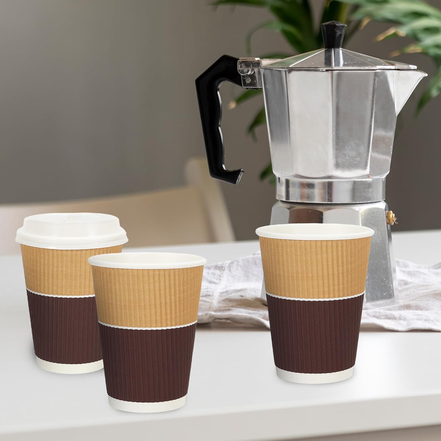 JarThenaAMCS 100 Pcs Fall Disposable Coffee Cups with Lids 12 Oz Brown White Paper Cups Corrugated Ripple Wall Insulated Hot Cups for Home Office Party Supplies - Image 7