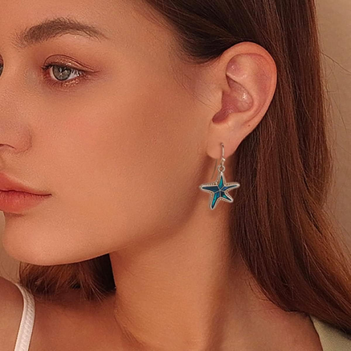 Lauren-Spencer Starfish Anklet Bracelet Necklace and Dangle Earrings for Women Girls with Abalone Shell Silver Ocean Beach Jewelry Set for Mothers Day,Birthday, Anniversary
