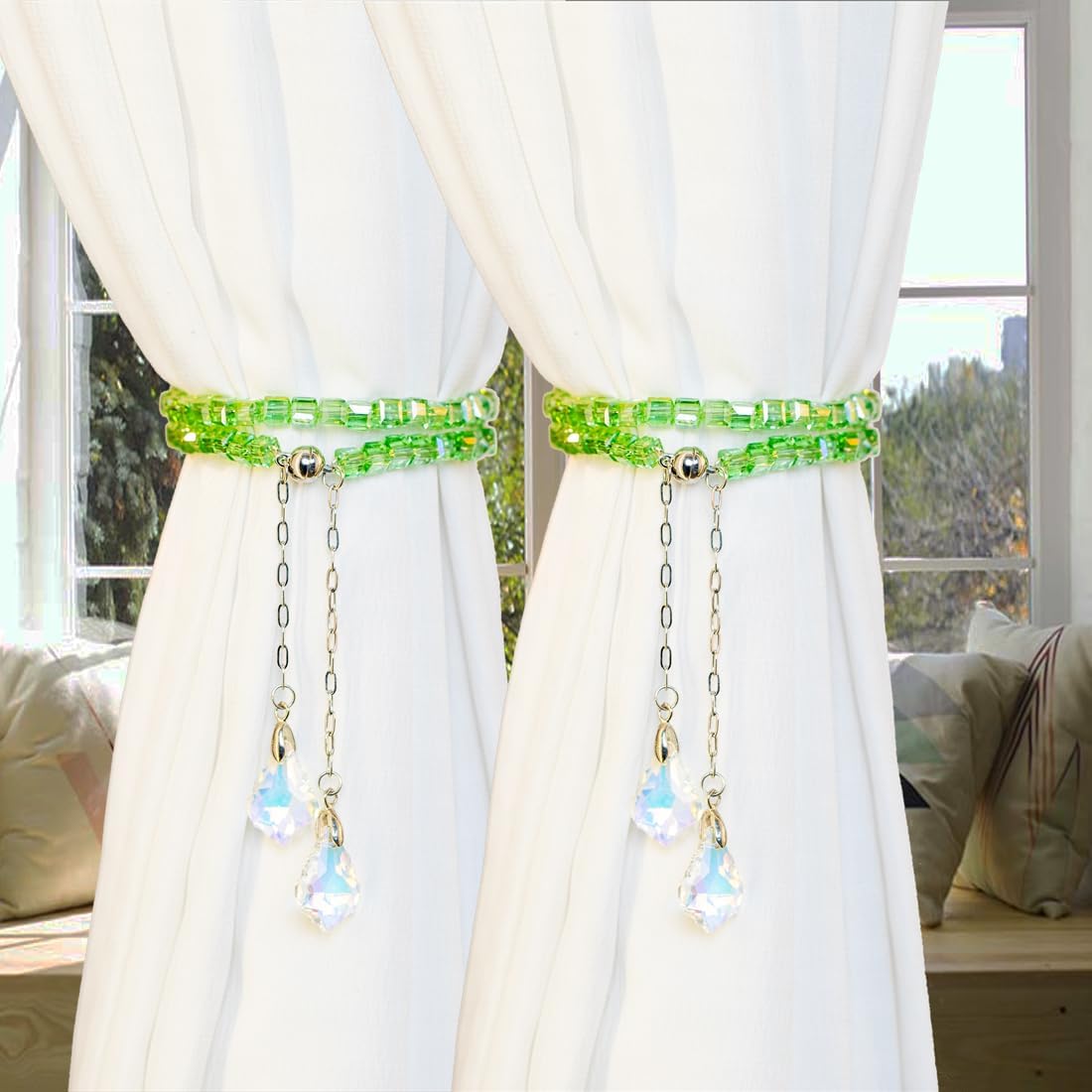 Magnetic Curtain Tiebacks, 2 Pack K9 AB Color Crystal Glass Cube Beaded Pendants Sheers/Draperies Holdbacks for Window Home Office Decor (Green) image 4