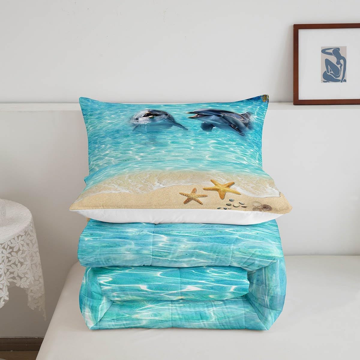 Cute Dolphin Comforter Set Queen Size,Ocean Beach Bedding Set,Underwater World Sea Life Quilt Set for Kids Girls Boys Adult Room Decor,Summer Ramantic Hawaii Style Duvet Insert,2 Pillowcases