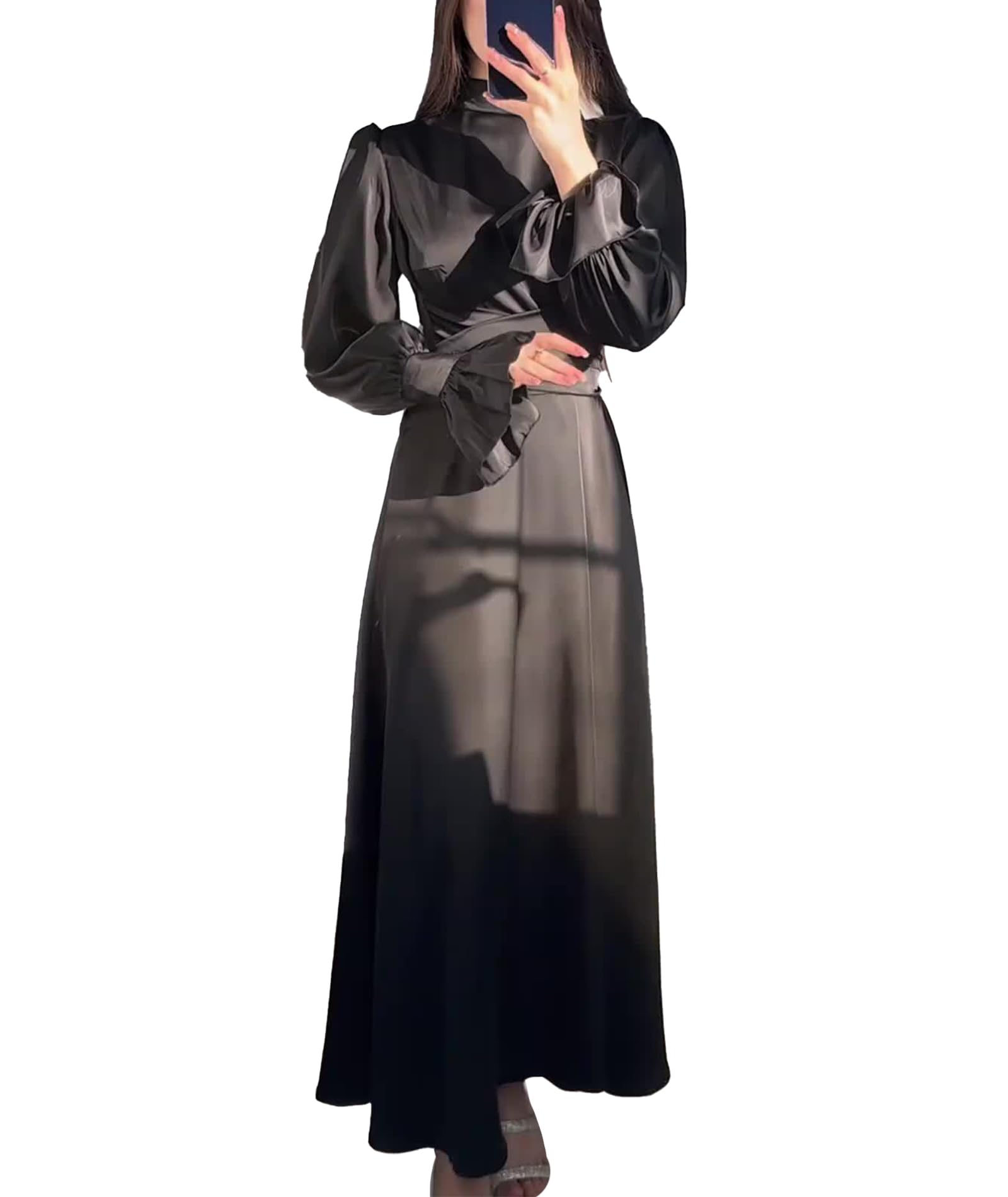 xxxiticat Women's Green Satin Dress Long Lantern Sleeve Mock Neck Puff Shoulder Tie Waist Pleated Cocktail Maxi Slip Dresses