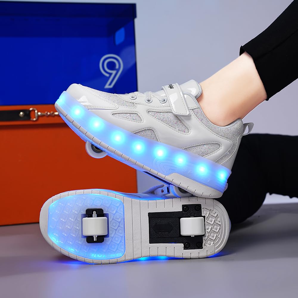 LED Chaussures à roulettes de Skateboard USB Rechargeable 7 Couleurs Clignotantes Chaussure avec Rouleau Multisports Outdoor Gymnastique Sneaker Automatiques Rétractables Enfant Baskets Mode