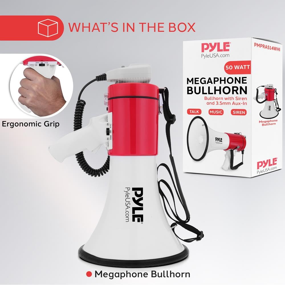 Pyle Megafon z syreną i mikrofonem – głośnik 50 W, wejście AUX, przenośny, idealny do rozpalenia i użytku na zewnątrz, ergonomiczny i wytrzymały, z odtwarzaniem MP3