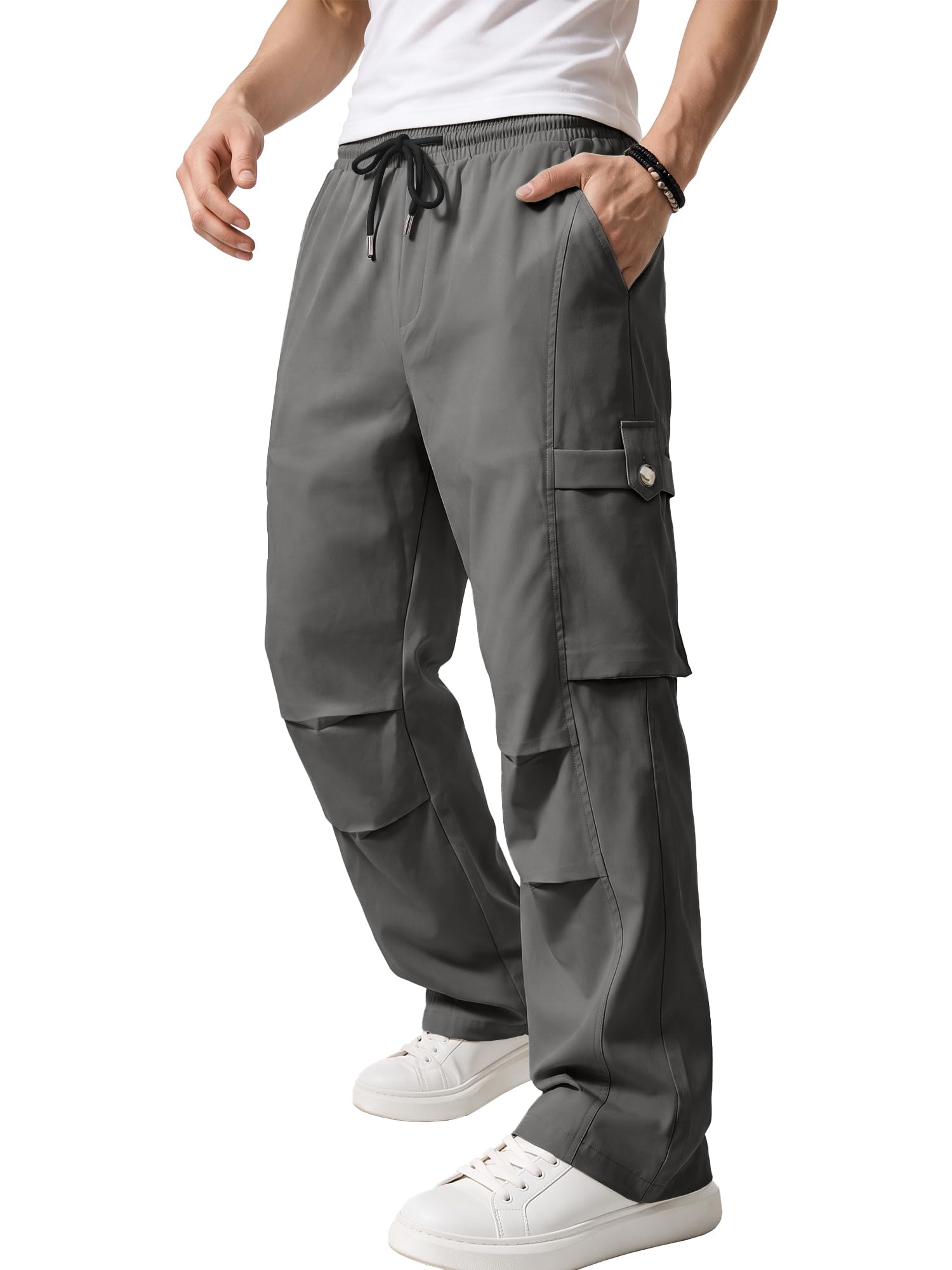 PLEPAN Mens Casual Cargo Pants with Double Knee Pleats