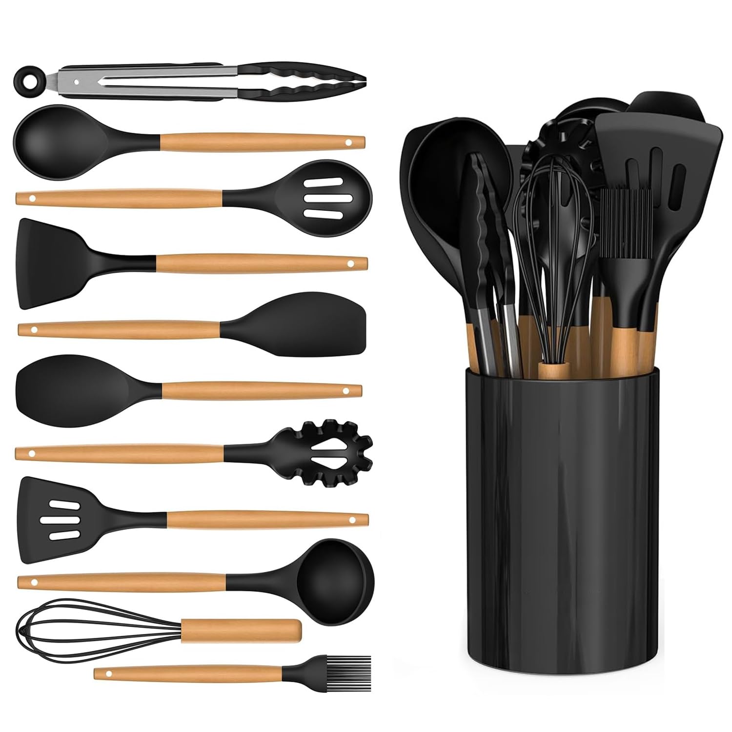 Kitchen Utensil Set, 12 PCS Silicone Cooking Utensils Set with Wooden Handle, Nonstick Cookware Tongs Spatula Spoon Set, Heat Resistant, Dishwasher Safe, Best Kitchen Tools (Black)