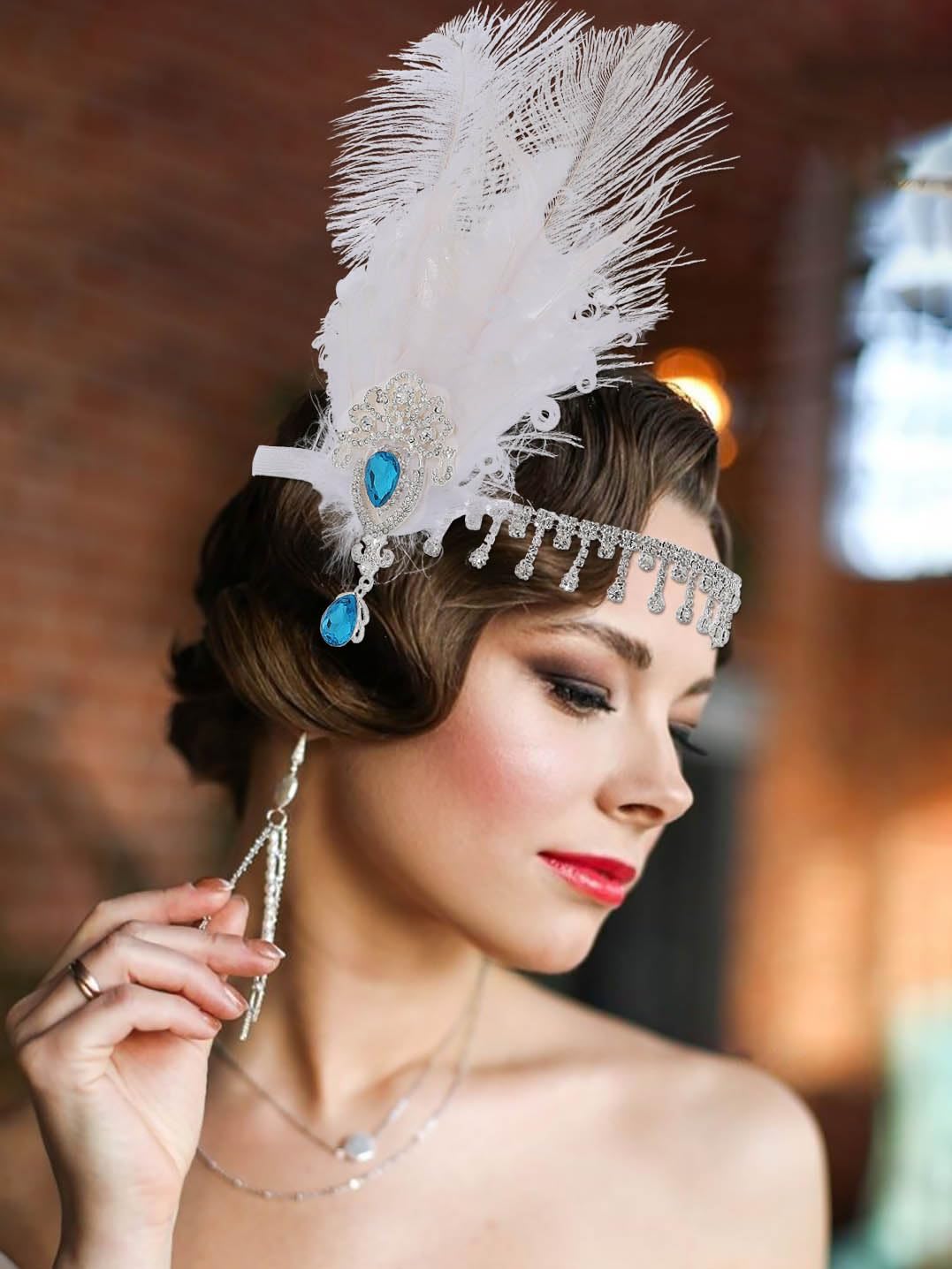 IYOU Women Feather Flapper Headpiece White Crystal Headband Crystal 1920s Great Gatsby Hair Accessories for Wedding Party Festival Prom Tea Party - Image 3