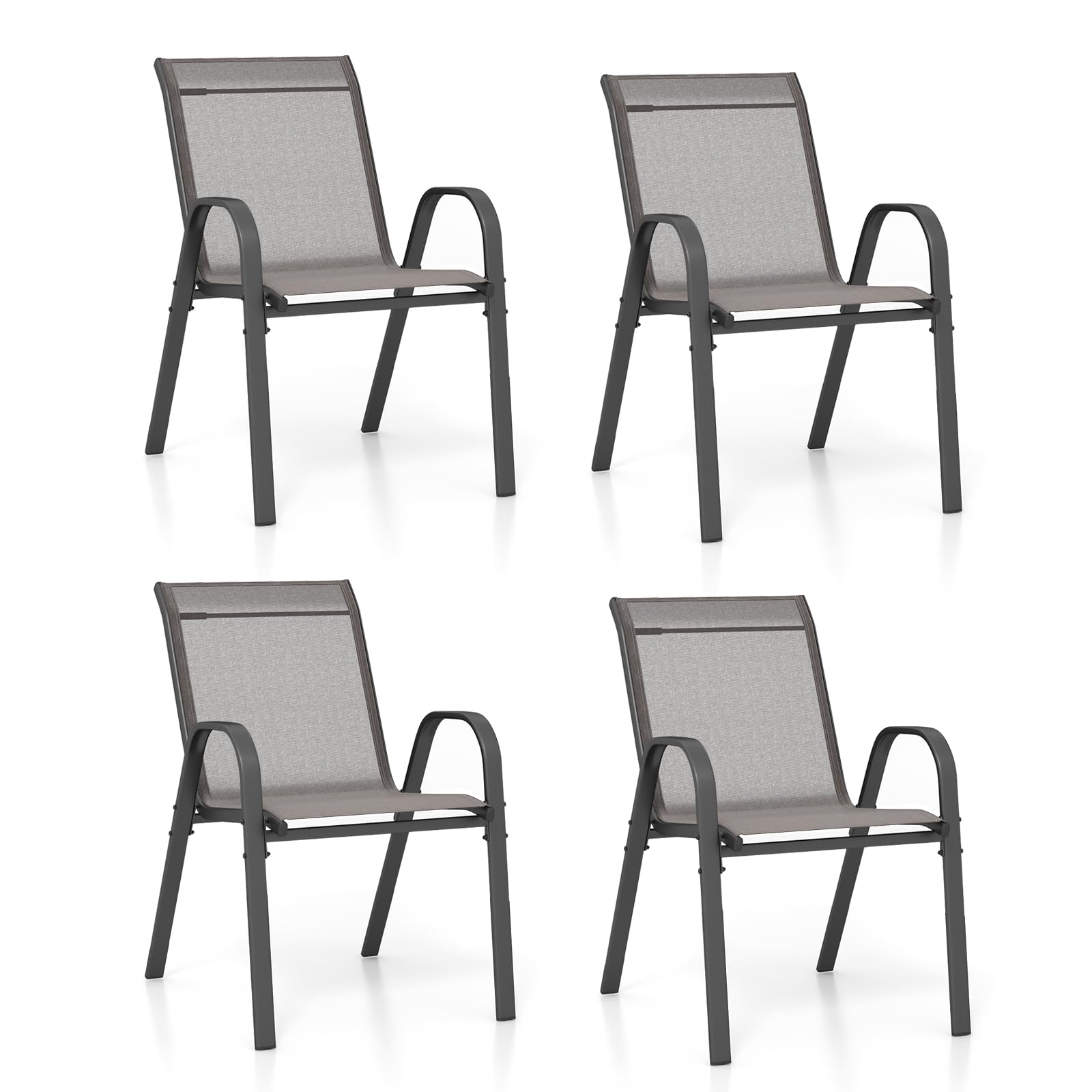 KOMFOTTEU Juego de 2/4 Sillas de Jardín, Silla Apilable Terreza Exterior de Tela con Marco de Metal, Sillón de Comedor con Reposabrazos y Respaldo Alto, Carga 150kg, 56 x 70 x 84 cm (4, Gris)