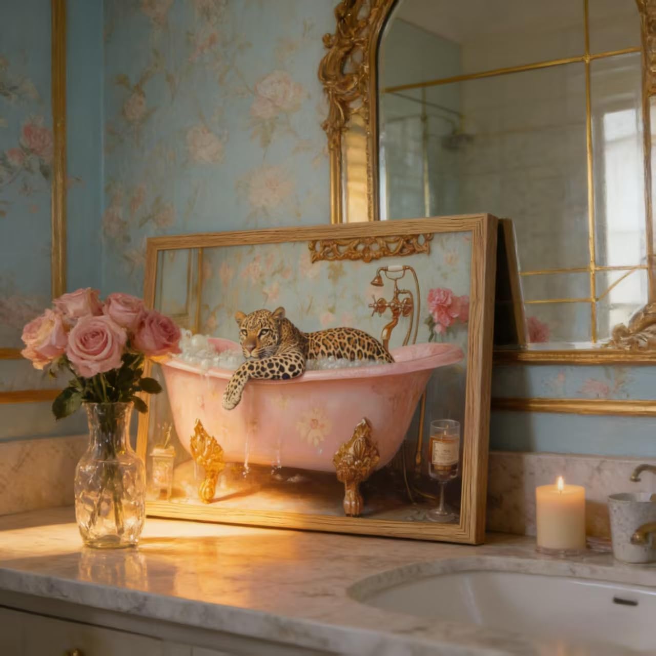 Framed Pink Leopard in Bathtub Canvas Wall Art Funny Cheetah Wall Decor Picture Vintage Animal Bathroom Aesthetic Poster Print for Bathroom Toilet Home Decoration