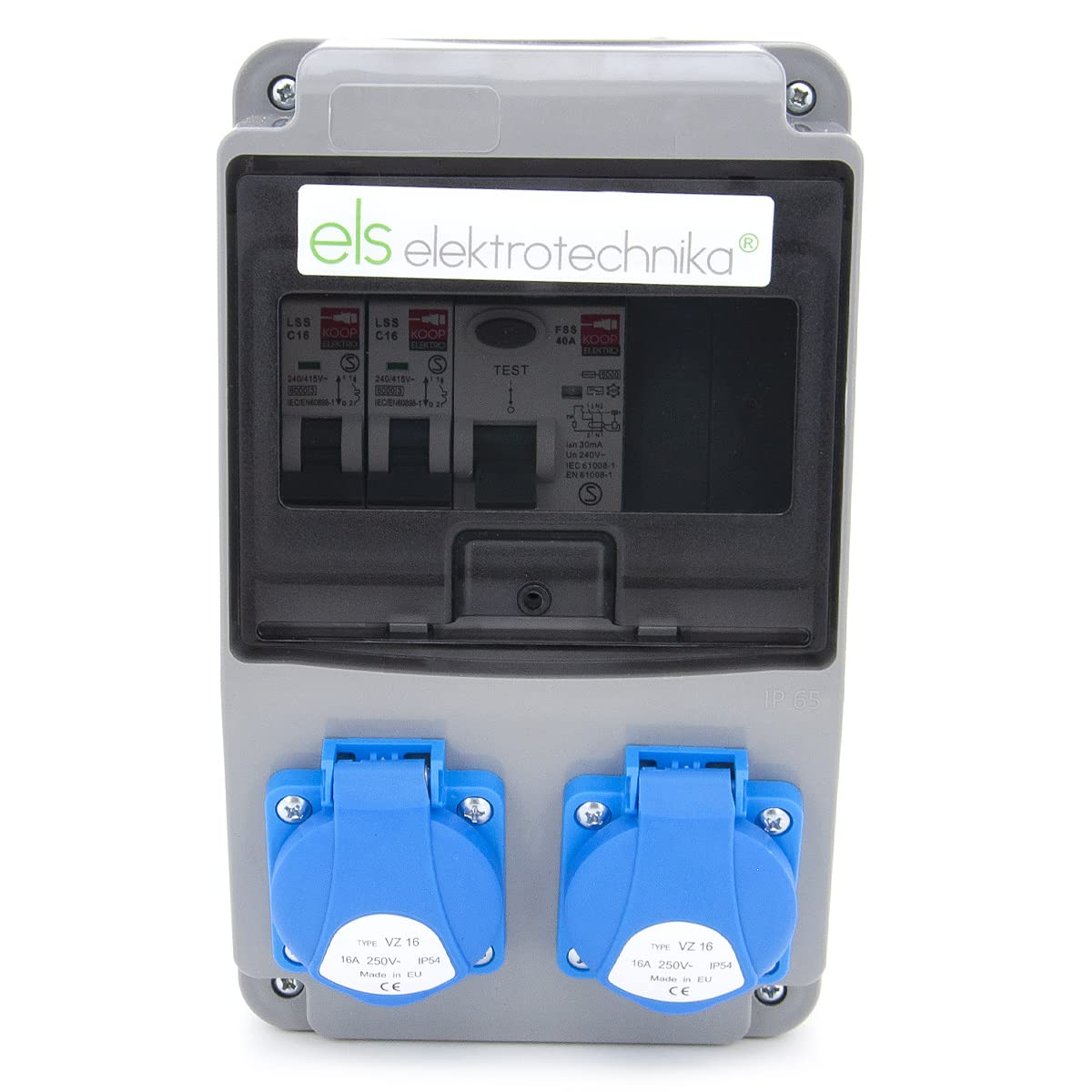 ELS Elektrotechnika Distribuidor de enchufes Schuko 2 x 230 V + fusibles, 2 x LS C16 + FI40, cable y listo para conectar, para interiores y exteriores, IP54