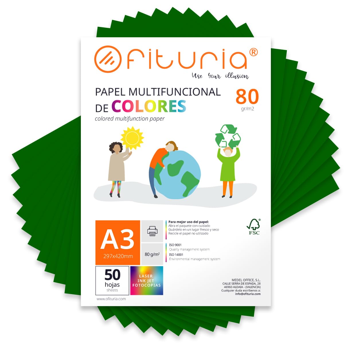 Fogli Colorati, Confezione da 50 Fogli A3 80gr – Carta Colorata per Lavoretti Creativi, Stampante, Scrapbooking – Fogli Colorati – Ideale per Origami, Papiroflexia, Ufficio e Scuola (Verde Scuro, 50h)