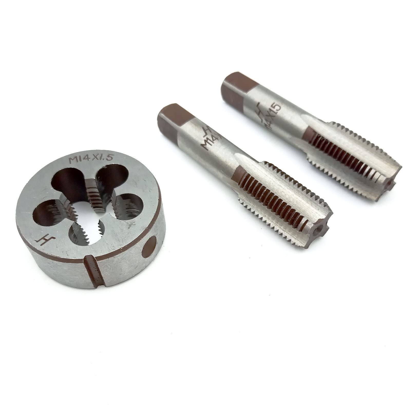 Acdeyaca Metric Hand Tap and Die Set, M14 x 1.5 Thread Tap and Round Die, 2 Right Hand Straight Taps & 1 Die (M14X1.5)