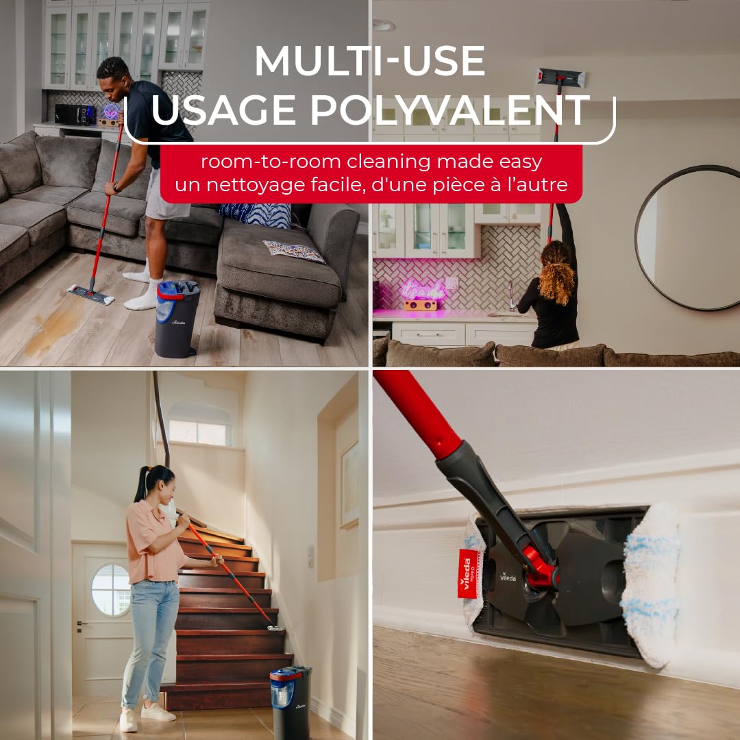 Vileda H2prO Ensemble | Séparation de l'eau 100 % propre et sale | Balai mural, outil de nettoyage de plinthe | Tête de balai microfibre réutilisable lavable en machine