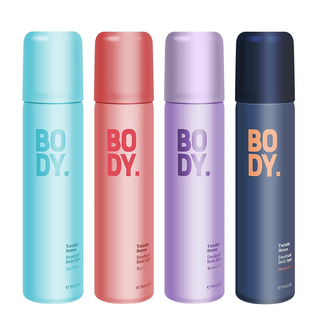 MINISO Twinkle Stones Deodorant Body Spray (Mystic Blue+Rose Cloud+Sunset Purple+Sea Mist) For Women, 75 Ml, Pack of 4