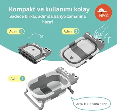 Tam Katlanır Termometreli Yeni Doğan Küveti – Yıkama Yastıklı, Avrupa Sertifikalı Bebek Küveti - Gri