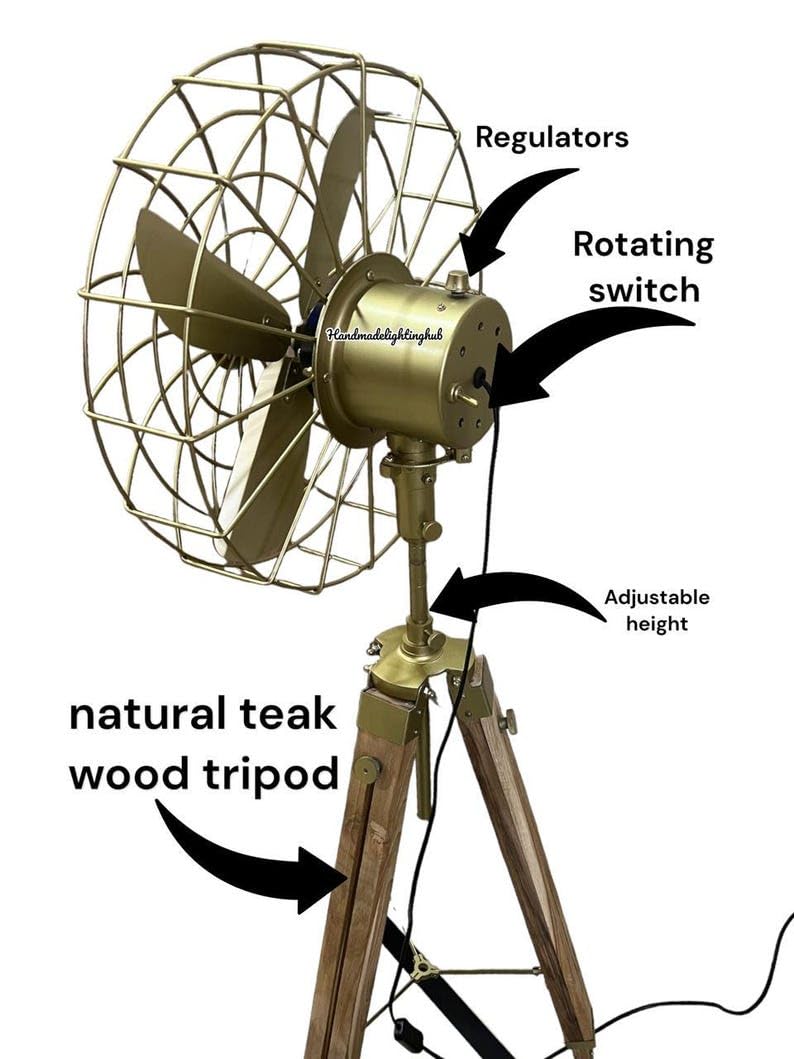 Ventilador de pedestal de teca natural y latón | Ventilador de suelo giratorio industrial en soporte de trípode de madera | Circulador de aire eléctrico resistente