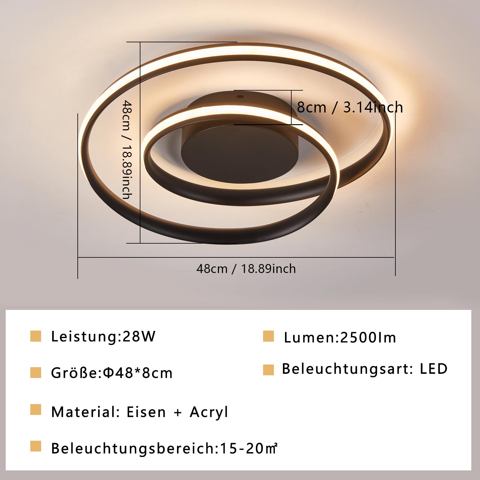 Sky angle Plafoniera LED Intelligente - Dimmerabile Tramite Telecomando e App, 28W Colore Regolabili 2500 LM 48 CM, per Camera da Letto Soggiorno (Nero, Controllo vocale intelligente)