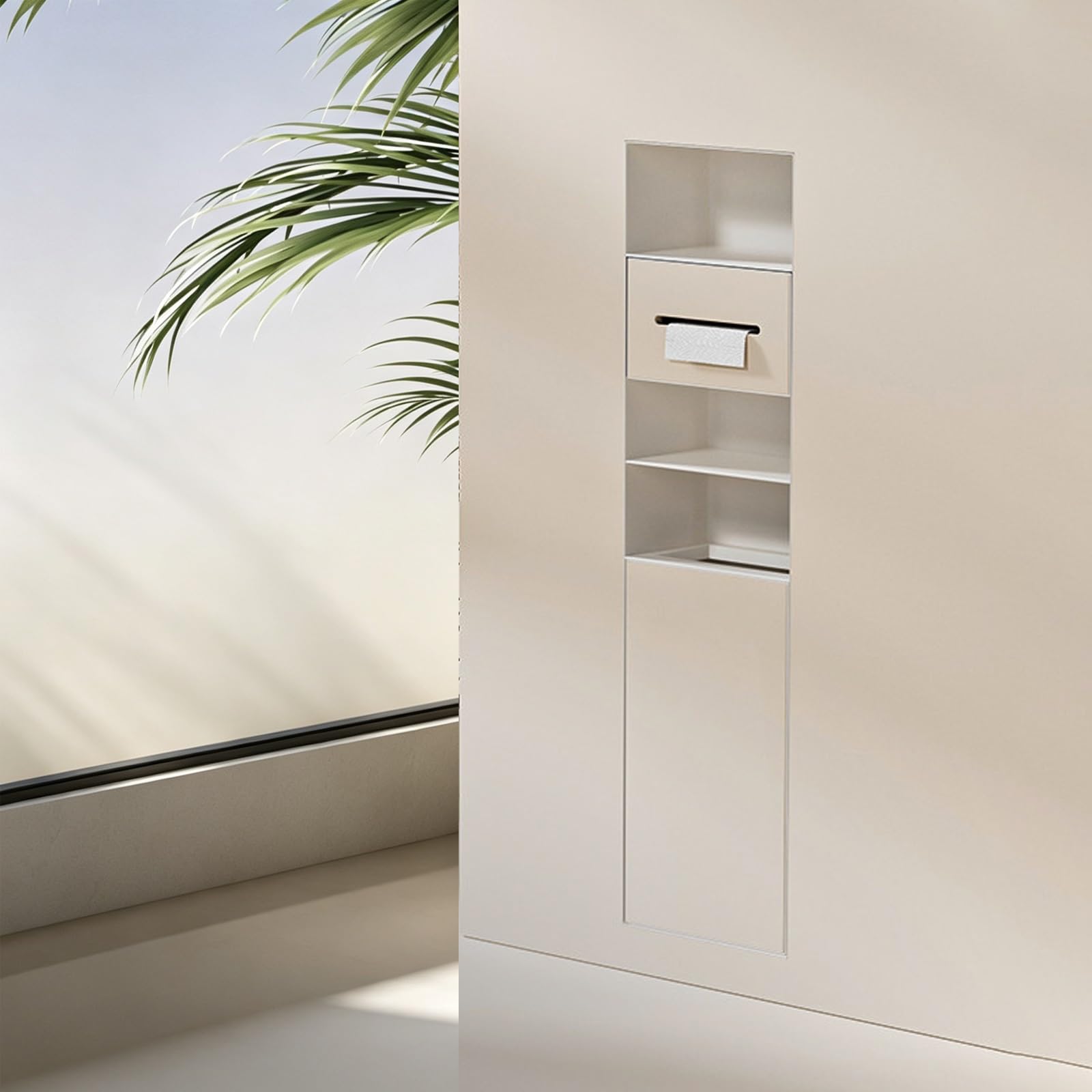 MESCXTY Recessed Wall Niche, 304 SS Toilet Paper Holder with Hidden Trash & Phone Shelf