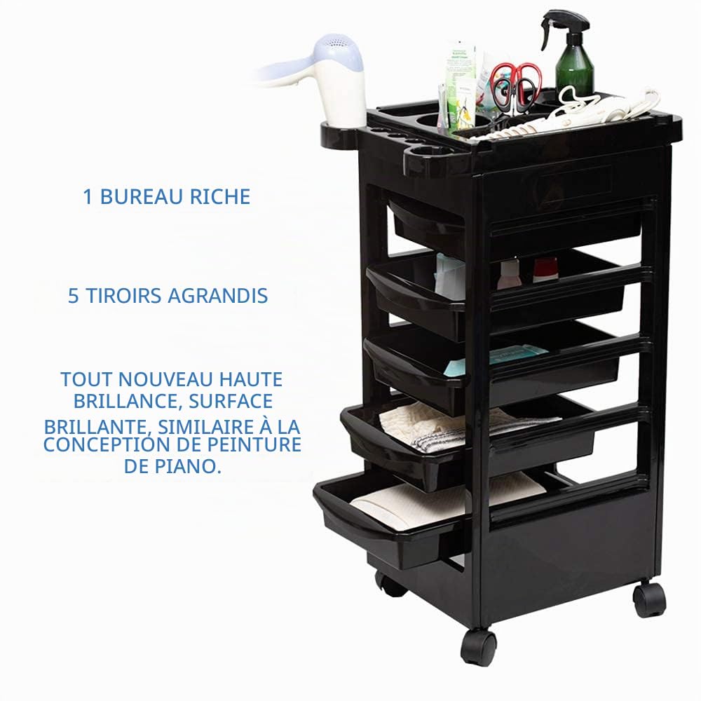 Chariot de Coiffure sur roulettes avec 5 Tiroirs pour Salon de Beauté Spa (Noir)